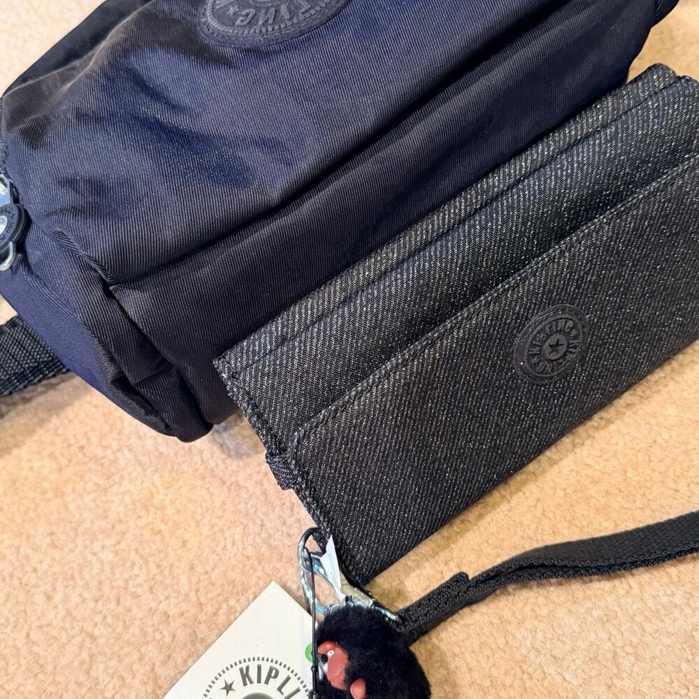 Kipling Bundle-Black Crossbody Bag & Sparkle Denim Wallet with Monkey kekeychain